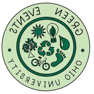 Circular light green circle with environmentally friendly symbols and dark green lettering saying Green Events Ohio University.